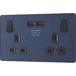 British General Evolve 13A 2-Gang SP Switched Socket + 3.1A 2-Outlet Type A USB Charger Blue with Black Inserts