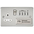 Knightsbridge FPR7USB4BCW 13A 1-Gang SP Switched Socket + 5.1A 4-Outlet Type A USB Charger Brushed Chrome with White Inserts