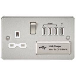 Knightsbridge FPR7USB4BCW 13A 1-Gang SP Switched Socket + 5.1A 4-Outlet Type A USB Charger Brushed Chrome with White Inserts
