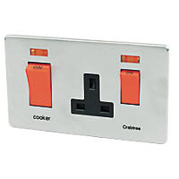 Crabtree Platinum 45 A & 13A 2-Gang DP Cooker Switch & 13A DP Switched Socket Satin Chrome with Neon with Black Inserts