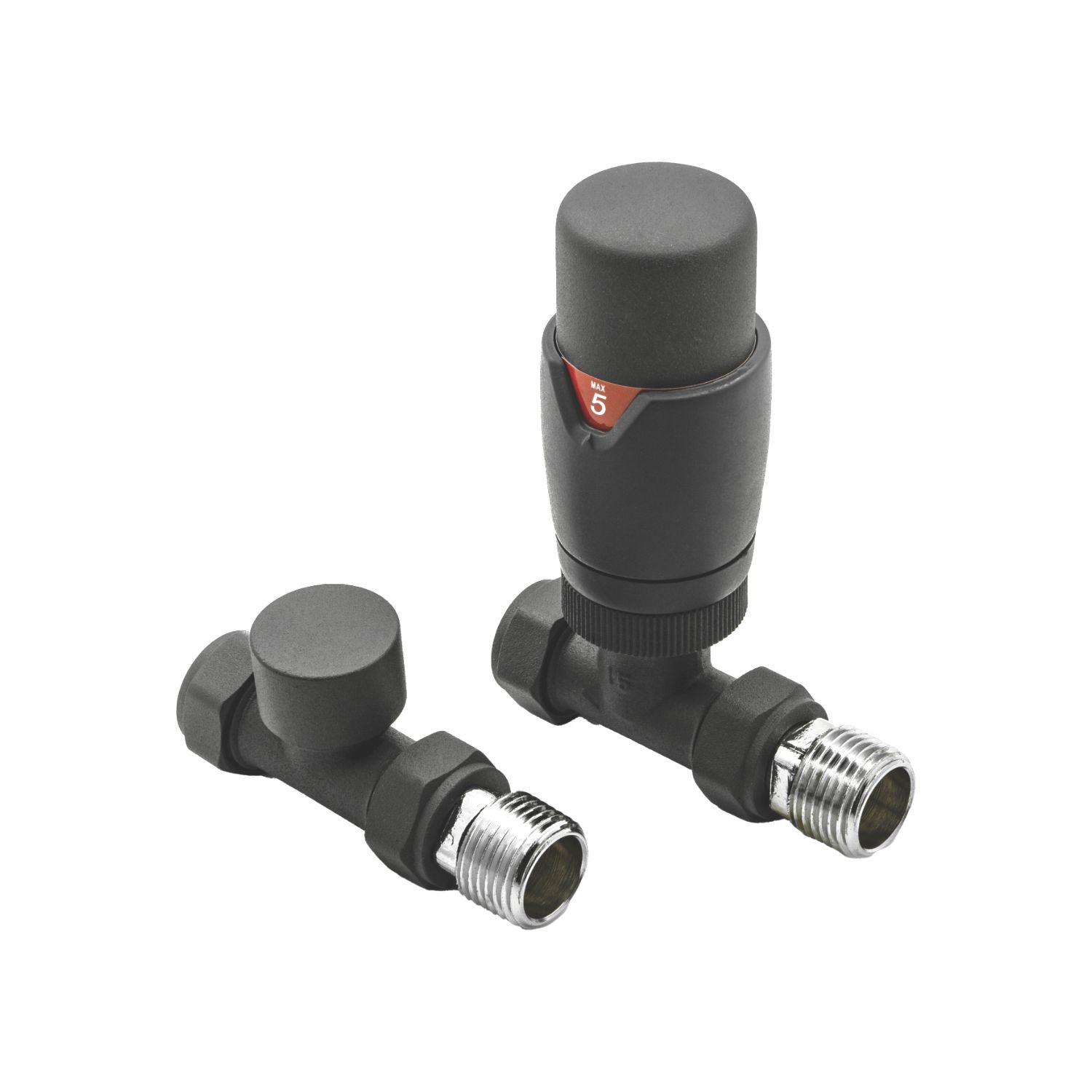 Reina Modal TRV 15mm x 15mm Anthracite Straight & L/S Designer Thermostatic Radiator Valve & Lockshield (419EE)