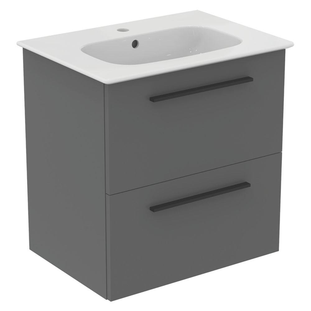 Ideal Standard i.life A Wall-Hung Vanity Unit with Black Handles & Basin Matt Grey 600mm x 440mm x 630mm