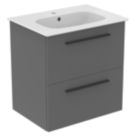 Ideal Standard i.life A Wall-Hung Vanity Unit with Black Handles & Basin Matt Quartz Grey 600mm x 440mm x 630mm