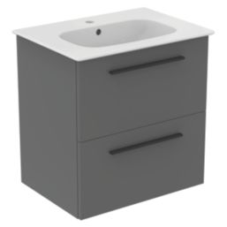 Ideal Standard i.life A Wall-Hung Vanity Unit with Black Handles & Basin Matt Quartz Grey 600mm x 440mm x 630mm