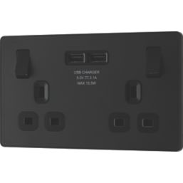 British General Evolve 13A 2-Gang SP Switched Socket + 3.1A 15.5W 2-Outlet Type A USB Charger Matt Black with Black Inserts