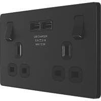 British General Evolve 13A 2-Gang SP Switched Socket + 3.1A 2-Outlet Type A USB Charger Matt Black with Black Inserts