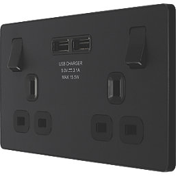 British General Evolve 13A 2-Gang SP Switched Socket + 3.1A 15.5W 2-Outlet Type A USB Charger Matt Black with Black Inserts