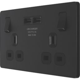 British General Evolve 13A 2-Gang SP Switched Socket + 3.1A 15.5W 2-Outlet Type A USB Charger Matt Black with Black Inserts