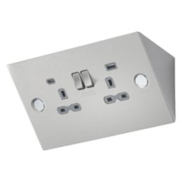 Knightsbridge SKR2 13A 2-Gang SP Switched Socket + 4A 20W 2-Outlet Type A & C USB Charger Brushed Chrome with Grey Inserts