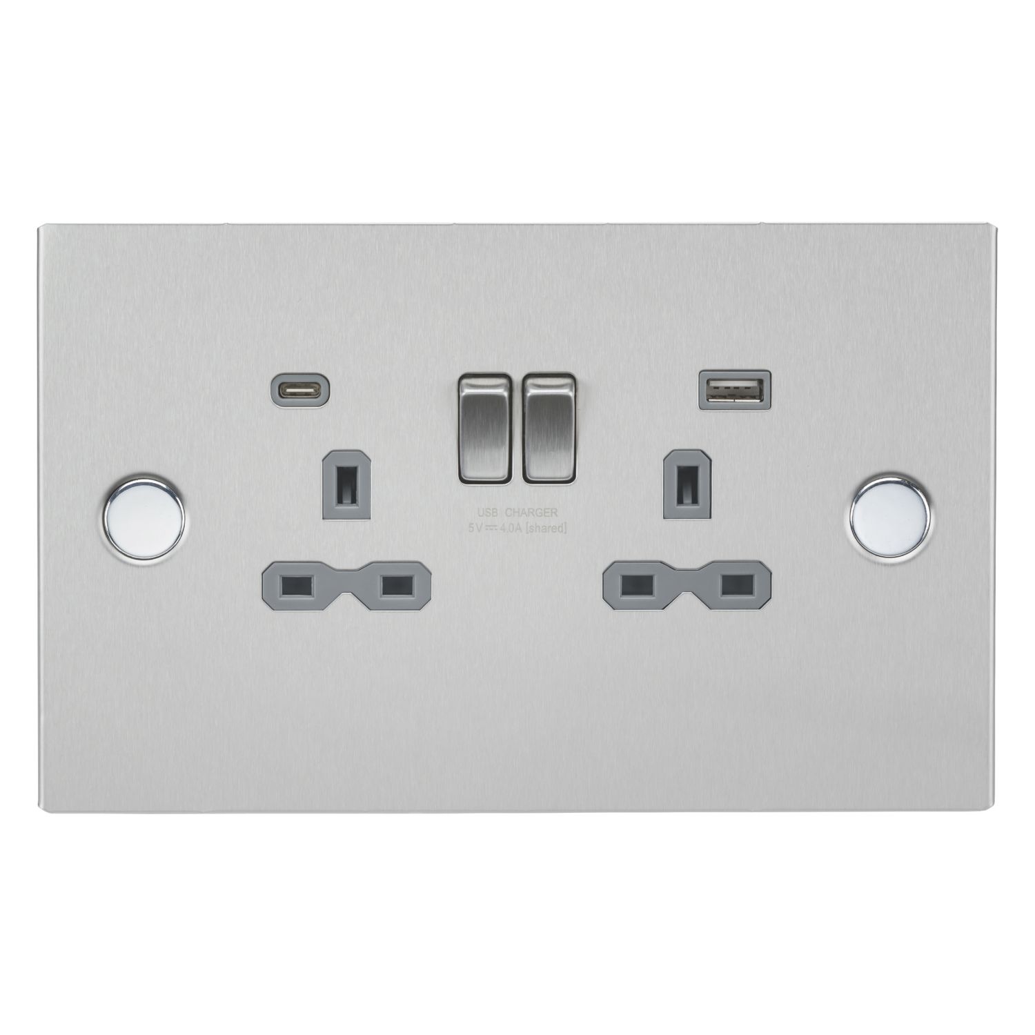 Knightsbridge SKR2 13A 2-Gang SP Switched Socket + 4A 20W 2-Outlet Type A & C USB Charger Brushed Chrome with Grey Inserts (421CR)