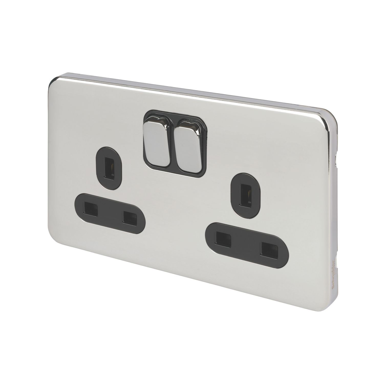 Schneider Electric Lisse Deco 13A 2-Gang DP Switched Plug Socket Polished Chrome with Black Inserts (421FF)