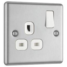 LAP  13A 1-Gang SP Switched Plug Socket Brushed Stainless Steel  with White Inserts