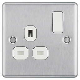 LAP  13A 1-Gang SP Switched Plug Socket Brushed Stainless Steel  with White Inserts