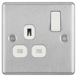 LAP  13A 1-Gang SP Switched Plug Socket Brushed Stainless Steel  with White Inserts
