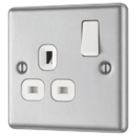 LAP  13A 1-Gang SP Switched Plug Socket Brushed Stainless Steel  with White Inserts