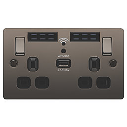 LAP  13A 2-Gang SP Switched Wi-Fi Extender Socket + 2.1A 10.5W 1-Outlet Type A USB Charger Black Nickel with Black Inserts