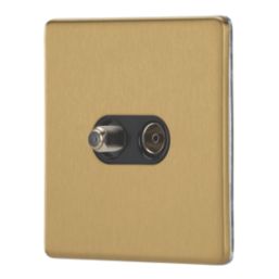 Contactum Lyric 2-Gang Coaxial TV & F-Type Satellite Socket Brushed Brass with Black Inserts