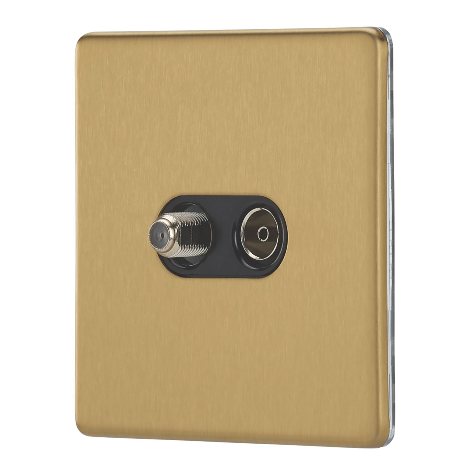 Contactum Lyric 2-Gang Coaxial TV & F-Type Satellite Socket Brushed Brass with Black Inserts (422RK)