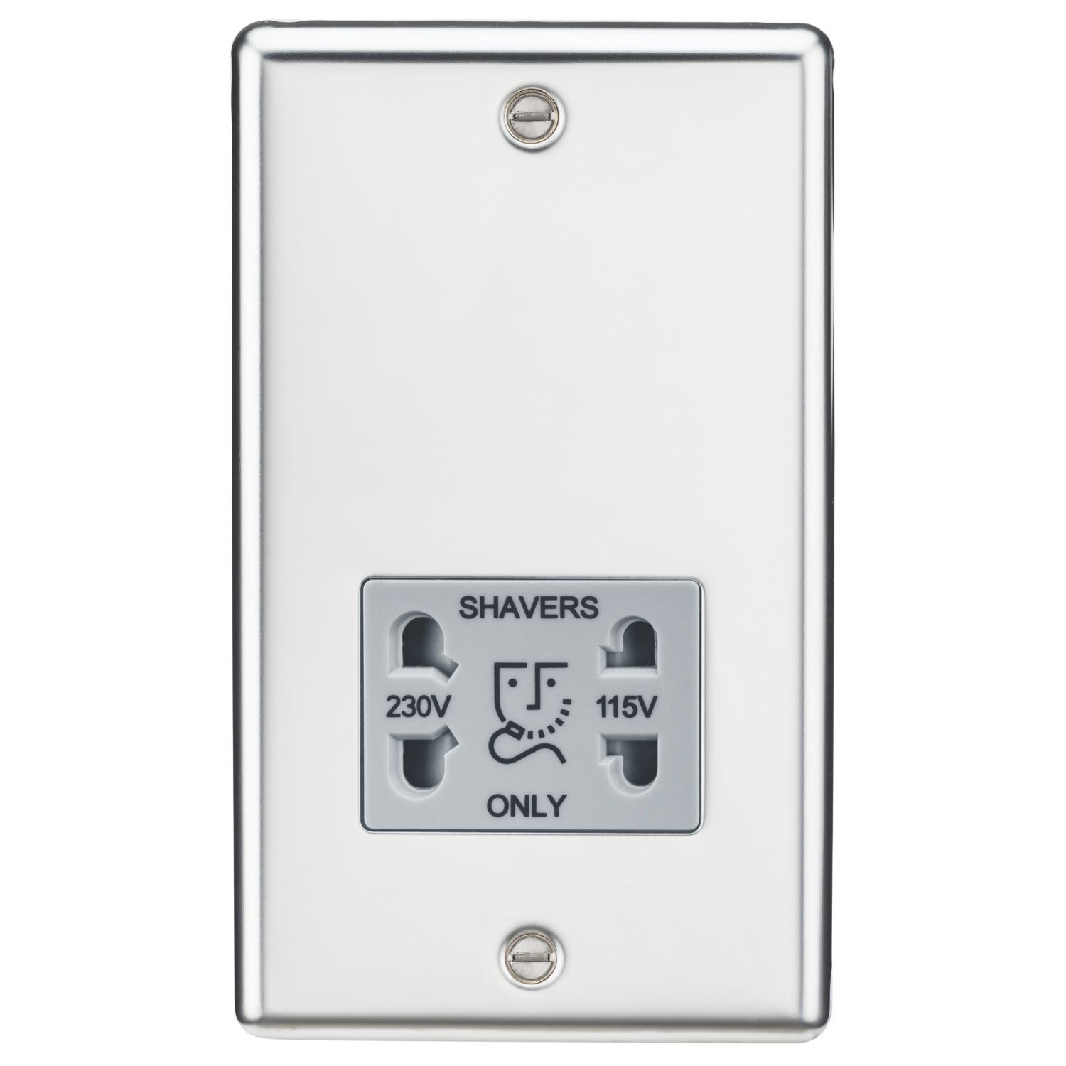Knightsbridge 2-Gang Dual Voltage Shaver Socket 115 V / 230V Polished Chrome with Colour-Matched Inserts (423TY)