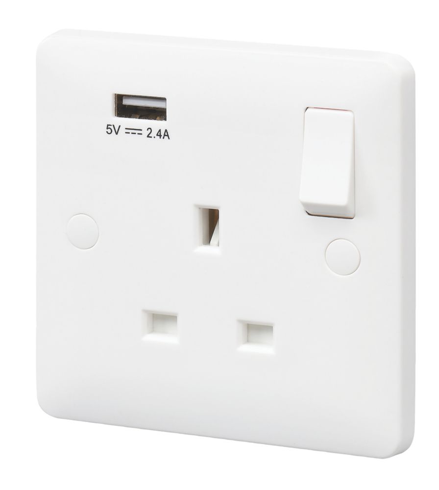 MK Base 13A 1-Gang DP Switched Socket +  1-Outlet Type A USB Charger  White with White Inserts - Screwfix