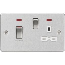 Knightsbridge  45A 2-Gang DP Cooker Switch & 13A DP Switched Socket Brushed Chrome with LED with White Inserts