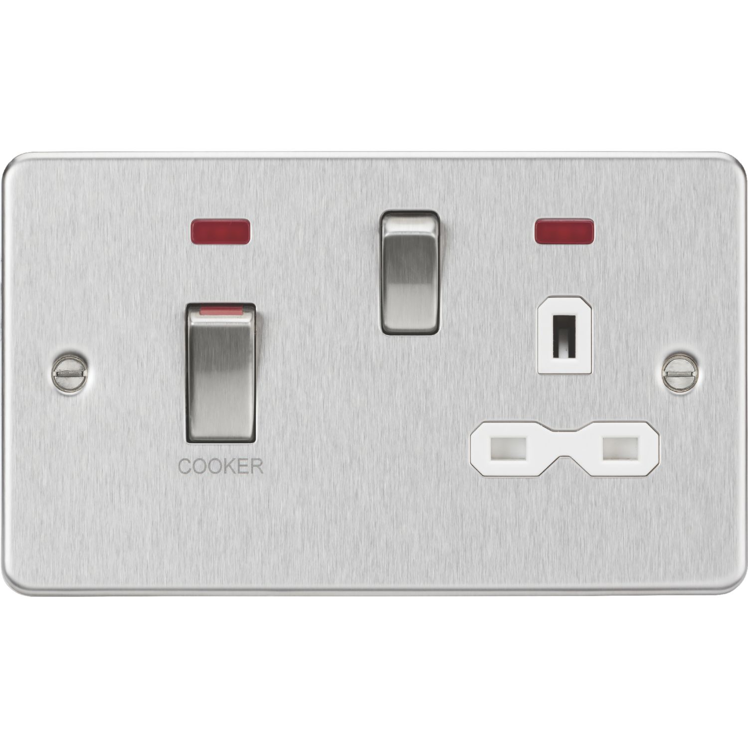Knightsbridge 45A 2-Gang DP Cooker Switch & 13A DP Switched Socket Brushed Chrome with LED with White Inserts (425VR)