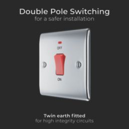 British General Nexus Metal 45A 1-Gang DP Cooker Switch Polished Chrome with LED