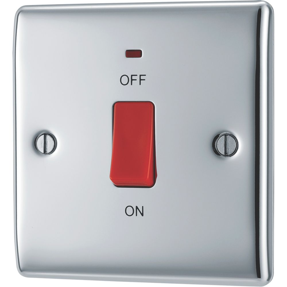 British General Nexus Metal 45A 1-Gang DP Cooker Switch Polished Chrome with LED