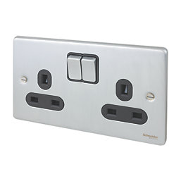 Schneider Electric Ultimate Low Profile 13A 2-Gang SP Switched Plug Socket Brushed Chrome  with Black Inserts
