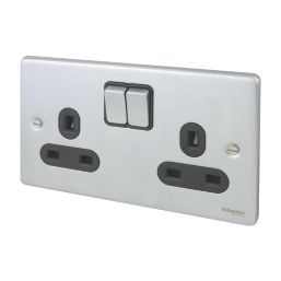 Schneider Electric Ultimate Low Profile 13A 2-Gang SP Switched Plug Socket Brushed Chrome  with Black Inserts