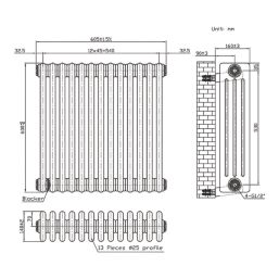 Flomasta 600mm x 605mm 3386BTU Anthracite Horizontal 4 Column Radiator