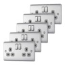 British General Nexus Metal 13A 2-Gang DP Switched Plug Sockets Brushed Steel  with Grey Inserts 5 Pack