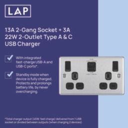 LAP  13A 2-Gang SP Switched Socket + 3A 22W 2-Outlet Type A & C USB Charger Brushed Steel with Black Inserts