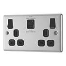 LAP  13A 2-Gang SP Switched Socket + 3A 22W 2-Outlet Type A & C USB Charger Brushed Steel with Black Inserts