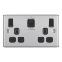 LAP  13A 2-Gang SP Switched Socket + 3A 22W 2-Outlet Type A & C USB Charger Brushed Steel with Black Inserts