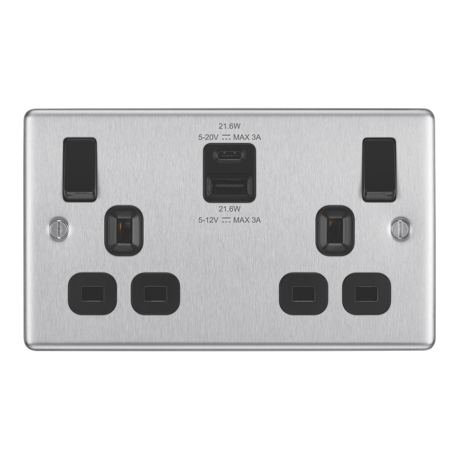 LAP 13A 2-Gang SP Switched Socket + 3A 22W 2-Outlet Type A & C USB Charger Brushed Steel with Black Inserts (429PN)