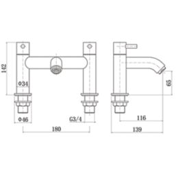 ETAL Bounce Matt Black 142mm Deck Mounted Lever 2 Tap Holes Bath Mixer Tap