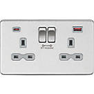 Knightsbridge SFR9909BCG 13A 2-Gang DP Switched Socket + 4.0A 2-Outlet Type A & C USB Charger Brushed Chrome with Colour-Matched Inserts