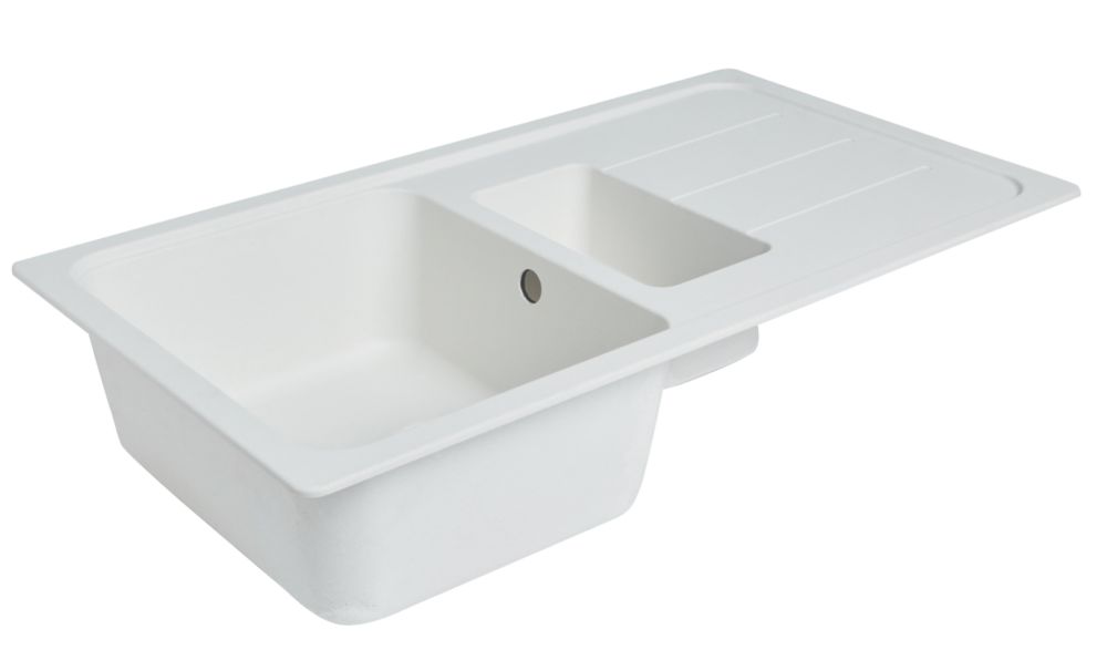 1.5 Bowl Granite Composite Kitchen Sink & Drainer White Reversible