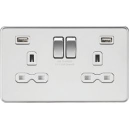 Knightsbridge  13A 2-Gang SP Switched Socket + 2.4A 12W 2-Outlet Type A USB Charger Polished Chrome with White Inserts