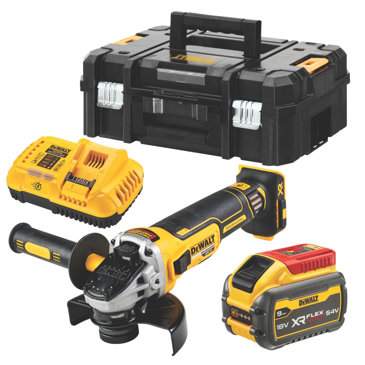 DEWALT DCG405X1T-GB 54V 1 x 9.0Ah Li-Ion XR FlexVolt 4.9" Brushless Cordless 18V Angle Grinder (433EK)