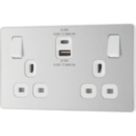 British General Evolve 13A 2-Gang SP Switched Socket + 3A 22W 2-Outlet Type A & C USB Charger Brushed Steel with White Inserts