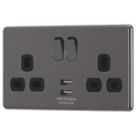 Arlec  13A 2-Gang SP Switched Socket + 4A 15W 2-Outlet Type A USB Charger Black Nickel with Black Inserts