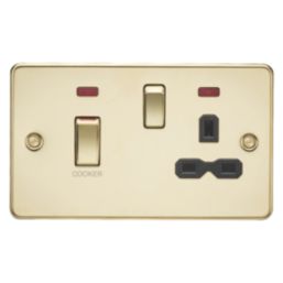 Knightsbridge  45A 2-Gang DP Cooker Switch & 13A DP Switched Socket Polished Brass with Neon with Black Inserts