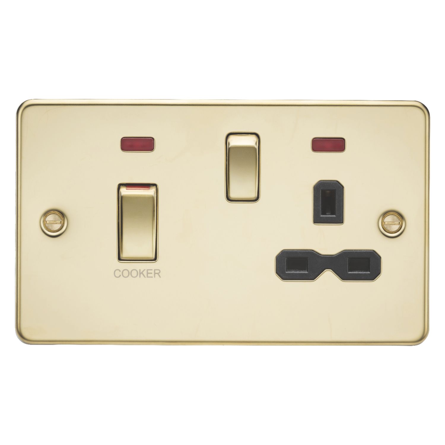 Knightsbridge 45A 2-Gang DP Cooker Switch & 13A DP Switched Socket Polished Brass with Neon with Black Inserts (434VR)