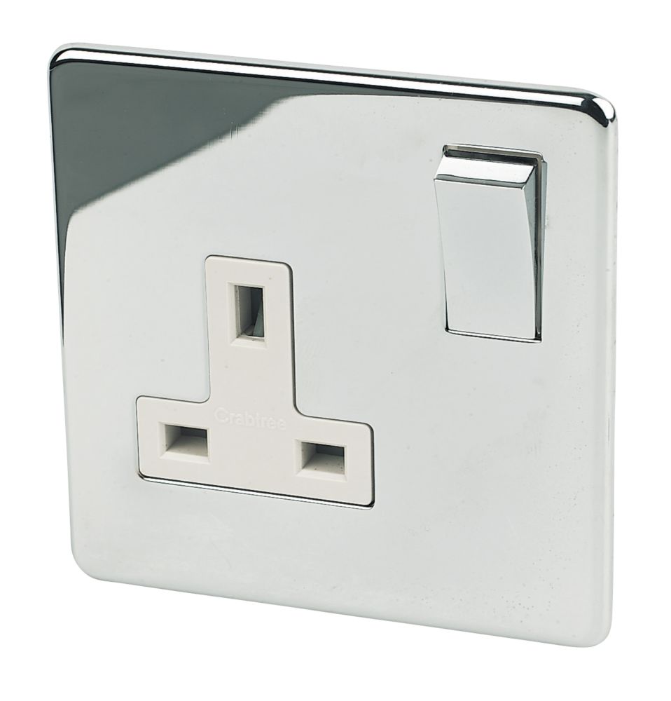 Crabtree Platinum 13A 1-Gang DP Switched Plug Socket Polished Chrome  with White Inserts