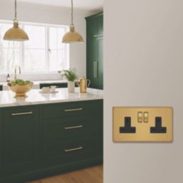 Varilight  13A 2-Gang 2-Pole Switched Socket Brushed Brass  with Black Inserts