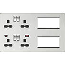 Knightsbridge SFR998BC 13A 4-Gang DP Combination Plate + 4.0A 18W 2-Outlet Type A & C USB Charger Brushed Chrome with Black Inserts