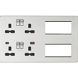 Knightsbridge SFR998BC 13A 4-Gang DP Combination Plate + 4.0A 18W 2-Outlet Type A & C USB Charger Brushed Chrome with Black Inserts