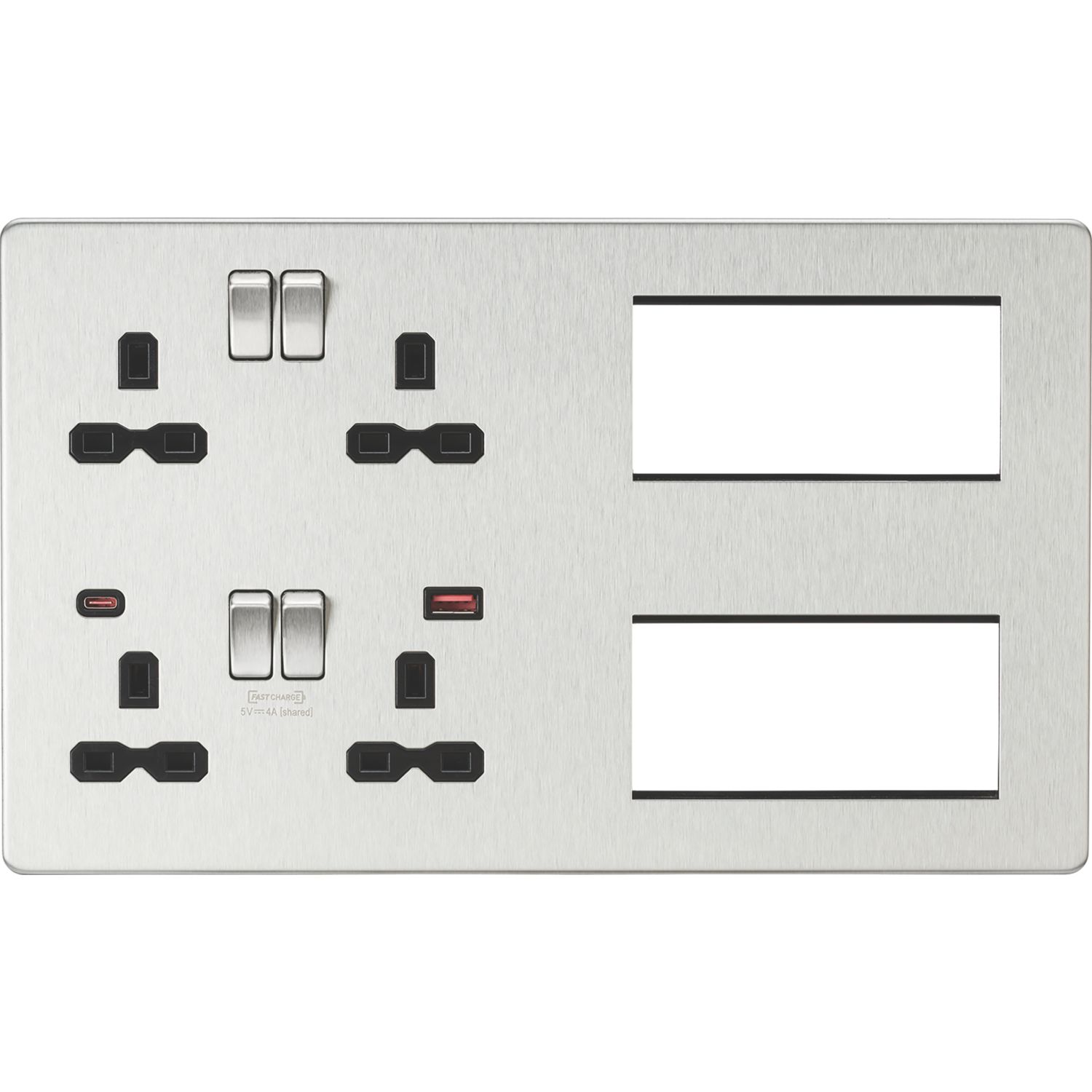 Knightsbridge SFR998BC 13A 4-Gang DP Combination Plate + 4.0A 18W 2-Outlet Type A & C USB Charger Brushed Chrome with Black Inserts (437VF)